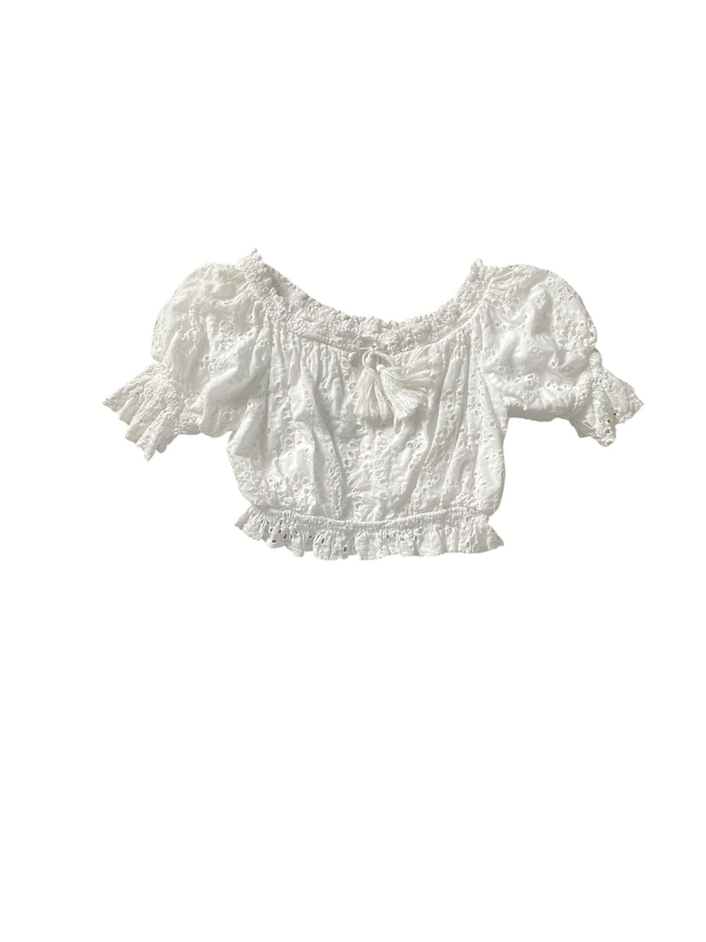 Line & Dot White Eyelet Peasant Crop Top Lined EUC